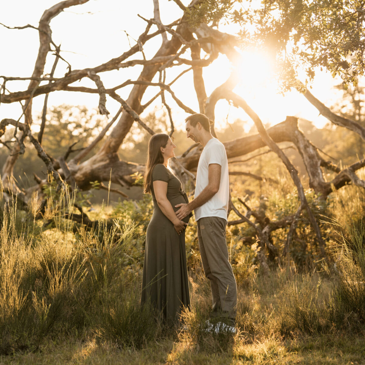 Babybauchfotos mit Partner bei der schönen goldigen Abendsonne in der Wahner Heide, Paar vor Bäumen durch die die Sonne scheint