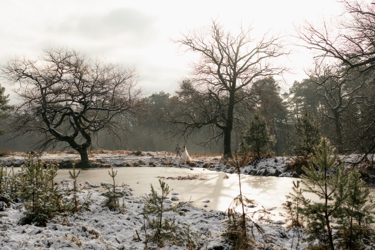 After Wedding Portfolio, Totale, Braut und Bräutigam stehen in der Ferne und halten sich an der Hand. Vor  ihnen ist ein See, der mit Schnee und Bäumen umgeben ist.